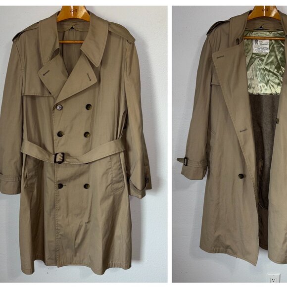 London Fog Maincoats Trench Coat 46R Khaki Belted Zip-In Liner Double Breasted - Picture 1 of 16